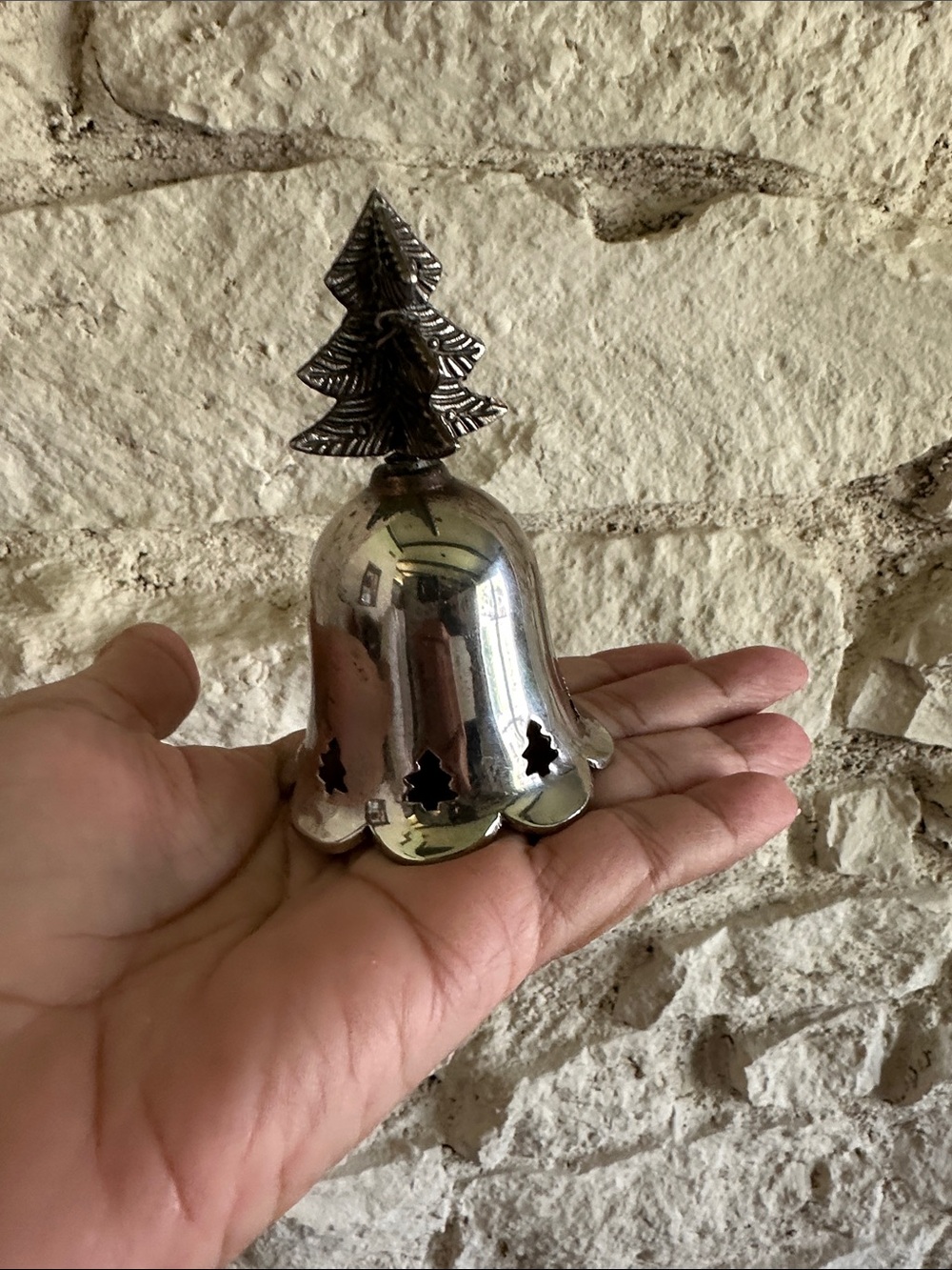 Vintage Metal Christmas Bell Ornament with Tree Top - Silver Holiday Décor